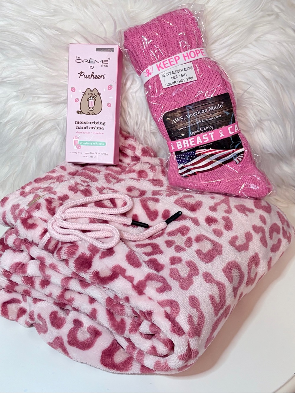 Creme Shop Pusheen Hand Creme, Pink Fuzzy Leopard Lounge Pants & Slouchy Socks - Picture 1 of 8
